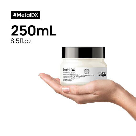 L'Oréal Professionnel Haarmaske für alle Haartypen, Anti-Haarbruch, Feuchtigkeit, Geschmeidigkeit & Glanz, kraftvolles Haar, frischer Duft, mit Glicoamin, Serie Expert, Metal DX Maske, 250ml
