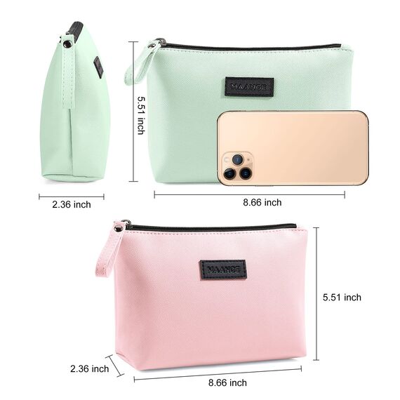 Kleine Kosmetiktasche MAANGE 2 Stück Kleine Reise Make up Tasche Tragbare Kosmetiktasche wasserdichte PU Leder Schminktasche mit Griff Vielseitige Reißverschlusstasche für Frauen (Rosa + Grün)