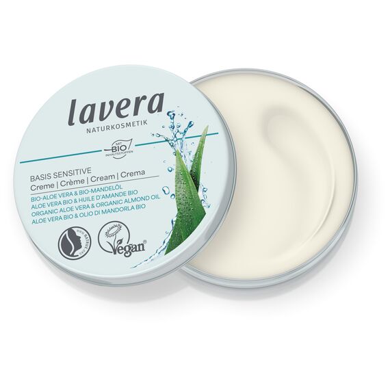 lavera Basis Sensitive Creme – Feuchtigkeitscreme mit Bio Aloe Vera & Bio Mandelöl – Intensive Pflege für trockene Haut – Feuchtigkeitsspendende Gesichtscreme – PETA-zertifiziert – 150 ml