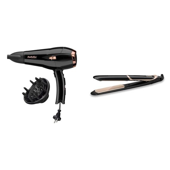 Babyliss Cordkeeper 2000 Ionic-Haartrockner D373E, einzigartige Kabeleinzugsfunktion Im Griff, 2000 Watt schwarz & Super Smooth 235 Glätteisen mit Ionen-Technologie 140°C - 235°C ST393E