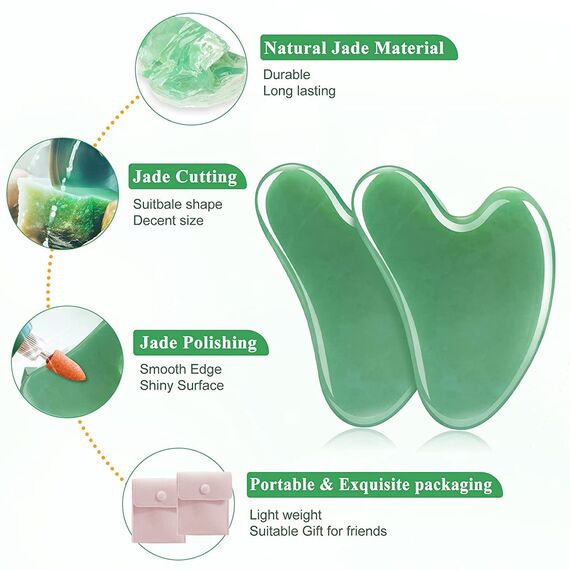 Gua Sha steine gesichts Jade Natur-Stein Herzform Kratz-Massage Tool für Gesicht, Augen, Hals zur Hautpflege, Schönheit und Entspannung der Körpermuskulatur (Grün 2 Pcs)