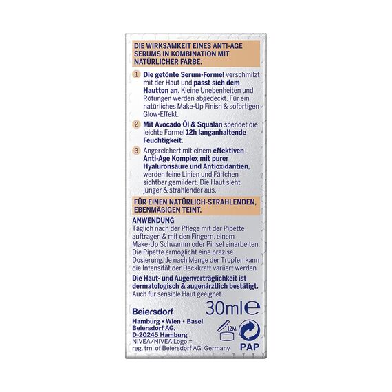 NIVEA 3in1 Hyaluron Serum Foundation dunkel (30 ml), Anti-Age Make-up für eine jünger aussehende Haut, feuchtigkeitsspendend und verleiht einen natürlich-ebenmäßigen Teint