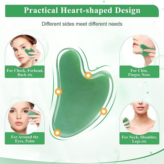 Gua Sha steine gesichts Jade Natur-Stein Herzform Kratz-Massage Tool für Gesicht, Augen, Hals zur Hautpflege, Schönheit und Entspannung der Körpermuskulatur (Grün 2 Pcs)