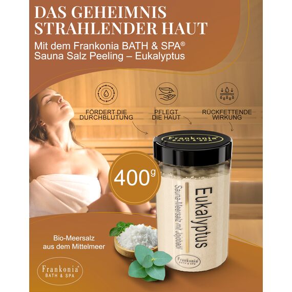 Frankonia BATH & SPA Sauna Salz Peeling Eukalyptus – 400 g Meersalz-Körperpeeling mit Jojobaöl & Vitamin E – Dusch- & Body Scrub für alle Hauttypen – Vegan & ohne Parabene – ohne Microplastik