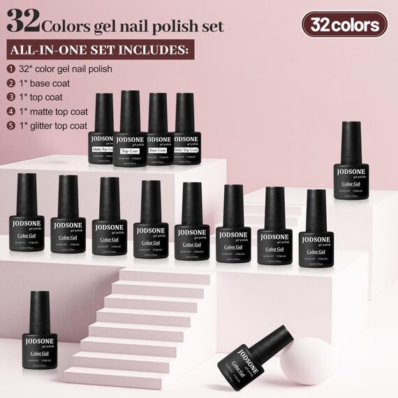 JODSONE 36-teiliges Gel-Nagellack-Set - 32 Farben, Basislack, Glänzend, Matt und Glitzernder Decklack - Nagellack-Set für Frauen - Grün, Blau, Rot, Rosa - Kollektion - Geschenke