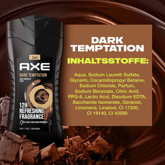 Axe 3-in-1 Duschgel & Shampoo Dark Temptation XL für langanhaltende Frische und Duft dermatologisch getestet 400 ml 4 Stück