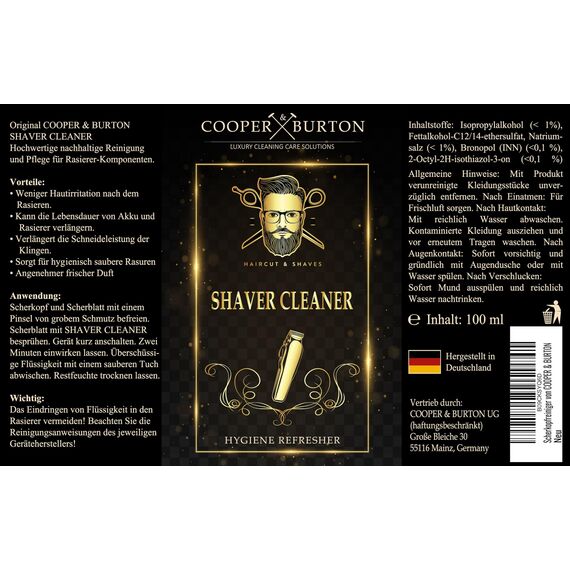 Scherkopfreiniger | Feinmechanikreiniger als Scherkopf Reinigungsspray für Haarschneidemaschine, Tierhaarentferner & Rasierer Trimmer | Rasierer Reiniger für Friseurbedarf von COOPER & BURTON 100 ML