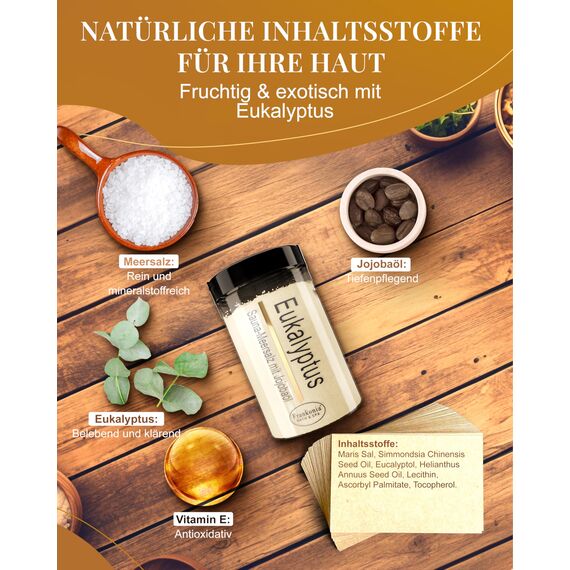 Frankonia BATH & SPA Sauna Salz Peeling Eukalyptus – 400 g Meersalz-Körperpeeling mit Jojobaöl & Vitamin E – Dusch- & Body Scrub für alle Hauttypen – Vegan & ohne Parabene – ohne Microplastik