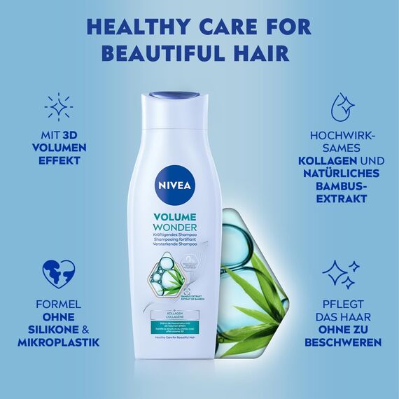 NIVEA Volume Wonder Kräftigendes Shampoo, Volumen Shampoo mit Kollagen und natürlichem Bambus-Extrakt, silikonfreies Haarshampoo für sichtbares Volumen und strahlenden Glanz (400 ml)