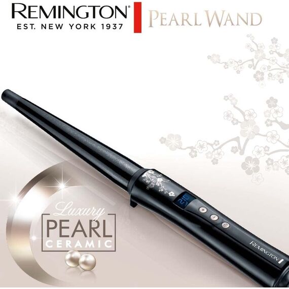 Remington Lockenstab [kegelförmig 13-25mm] Pearl Digital (hochwertige Keramikbeschichtung mit echten Perlen) LCD-Display 130-210°C, Hitzehandschuh, natürliche Locken, Spirallocken & Beach Waves, CI951