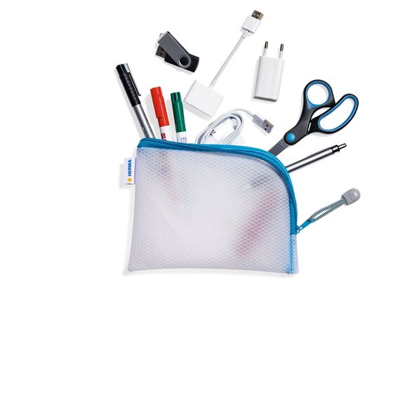 HERMA Dokumententasche A6 mit Reißverschluss, kleine wasserdichte Reißverschlusstasche, verschließbare Dokumentenmappe aus Kunstoff mit Zipper, halb-transparent, 19 x 14 cm, blau