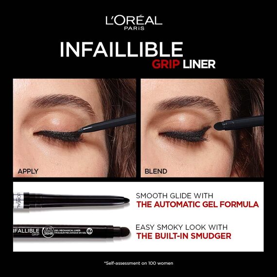 L'Oréal Paris Wasserfester Eyeliner mit Gel-Formel und integriertem Schwamm für gelungene Smokey Eyes, 36h Halt, Infaillible Gel Automatic Grip Liner, Intense Black (Schwarz), 1 Stück