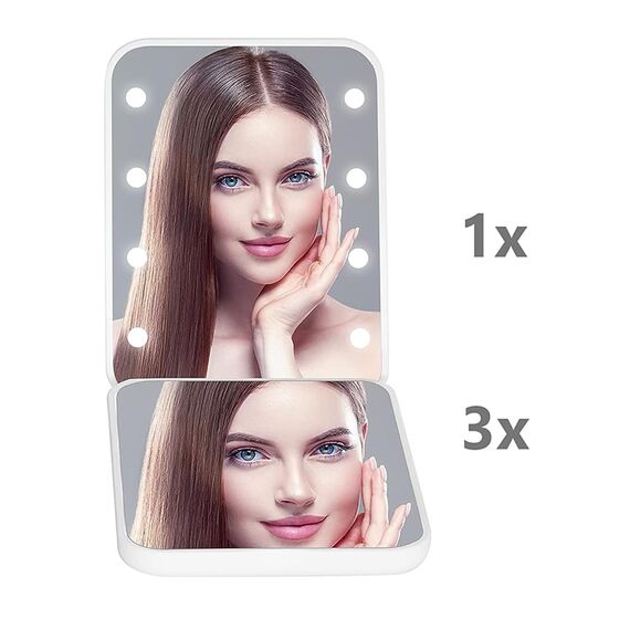 Kintion Taschenspiegel, LED-Kompakt-Reise-Make-up-Spiegel mit 1-facher/3-facher Vergrößerung, Kompaktspiegel mit Licht, Handtaschenspiegel, Kleiner beleuchteter Kompaktspiegel als Geschenk, Weiß