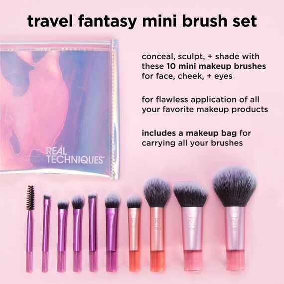 Real Techniques Travel Fantasy Mini-Pinsel-Set, Make-up-Pinsel für Lidschatten, Highlights, Konturen, Puder und Concealer, Pinsel in Reisegröße und Kosmetiktasche, 11-teiliges Set