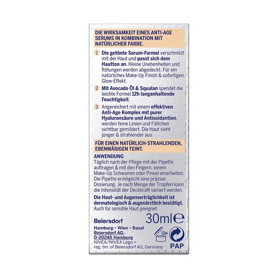 NIVEA 3in1 Hyaluron Serum Foundation hell (30 ml), Anti-Age Make-up für eine jünger aussehende Haut, feuchtigkeitsspendend und verleiht einen natürlich-ebenmäßigen Teint