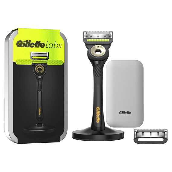 Gillette Labs Nassrasierer Herren, Rasierer mit Reinigungs-Element + Reise-Etui zur Aufbewahrung für unterwegs + 2 Rasierklingen, Premium-Magnetdock
