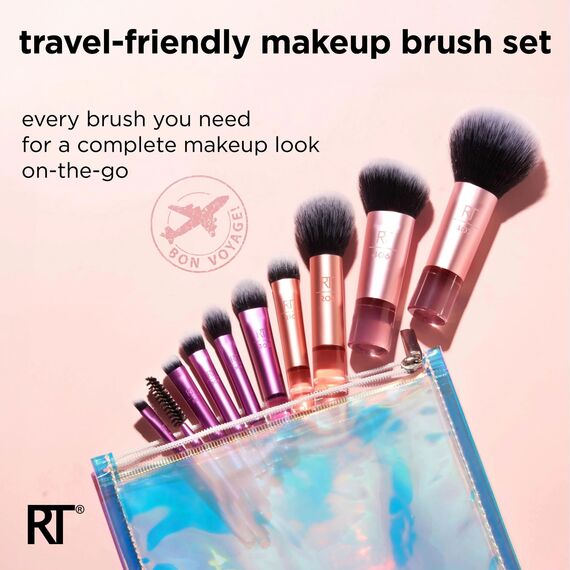 Real Techniques Travel Fantasy Mini-Pinsel-Set, Make-up-Pinsel für Lidschatten, Highlights, Konturen, Puder und Concealer, Pinsel in Reisegröße und Kosmetiktasche, 11-teiliges Set