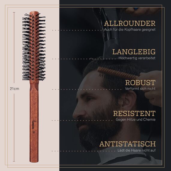 lampox Männer Bart-Rundbürste, Bartstyling, Bartbürste, Föhnbürste, Rundbürste, Föhnbürste, Bartpflege, Haarkamm, Holzgriff und stabile Noppen, Haarbürste für kurze und mittellange Haare (M)
