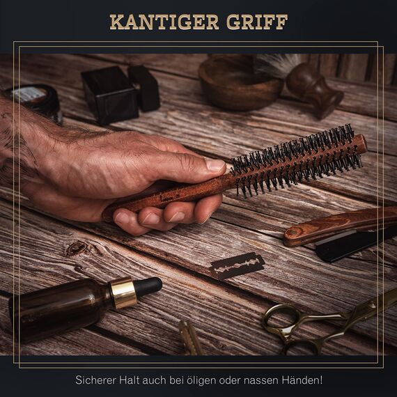 lampox Männer Bart-Rundbürste, Bartstyling, Bartbürste, Föhnbürste, Rundbürste, Föhnbürste, Bartpflege, Haarkamm, Holzgriff und stabile Noppen, Haarbürste für kurze und mittellange Haare (M)