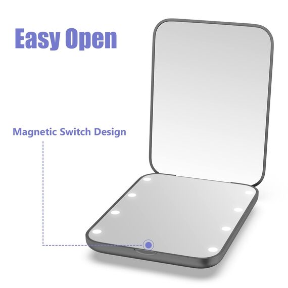 WOBSION LED Spiegel mit 1X / 3X Vergrößerung,Kleiner Reisespiegel mit Licht für Beleuchtung,Batteriebetrieben Taschenspiegel für Reise und Makeup,Tragbarer Handspiegel als Geschenk,Schwarz