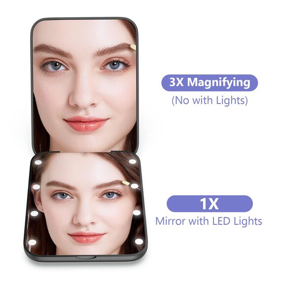 WOBSION LED Spiegel mit 1X / 3X Vergrößerung,Kleiner Reisespiegel mit Licht für Beleuchtung,Batteriebetrieben Taschenspiegel für Reise und Makeup,Tragbarer Handspiegel als Geschenk,Schwarz