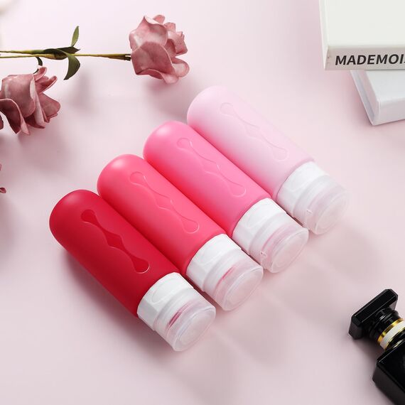 Gemice Silikon Reiseflaschen 90ml Set, 4 Stück auslaufsichere Reise Container und Reise Toilettenartikel Set, FDA zugelassene nachfüllbare Flüssigkeitsbehälter für Shampoo Creme Spülung Körperpflege