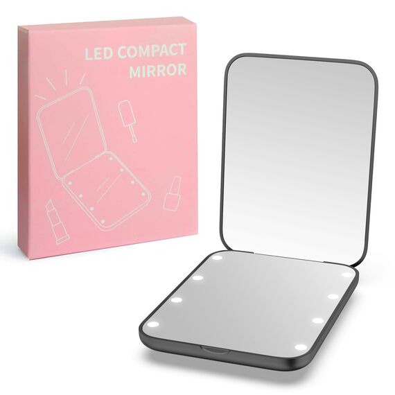 WOBSION LED Spiegel mit 1X / 3X Vergrößerung,Kleiner Reisespiegel mit Licht für Beleuchtung,Batteriebetrieben Taschenspiegel für Reise und Makeup,Tragbarer Handspiegel als Geschenk,Schwarz