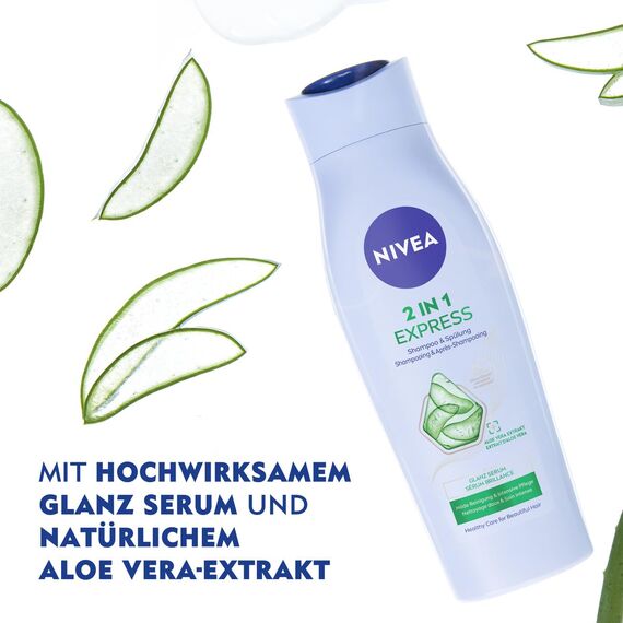 NIVEA 2in1 Express Shampoo & Spülung, intensive Haarpflege mit Aloe Vera und Glanz Serum, Haarshampoo & Spülung für Pflege in Expresszeit (250 ml)