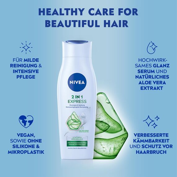 NIVEA 2in1 Express Shampoo & Spülung, intensive Haarpflege mit Aloe Vera und Glanz Serum, Haarshampoo & Spülung für Pflege in Expresszeit (250 ml)