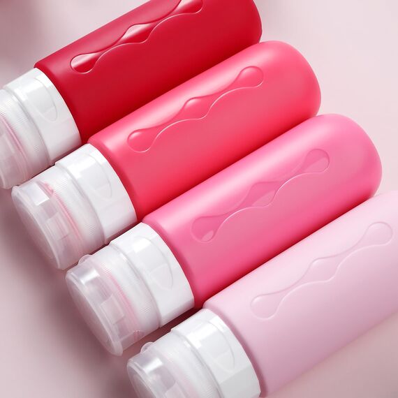 Gemice Silikon Reiseflaschen 90ml Set, 4 Stück auslaufsichere Reise Container und Reise Toilettenartikel Set, FDA zugelassene nachfüllbare Flüssigkeitsbehälter für Shampoo Creme Spülung Körperpflege