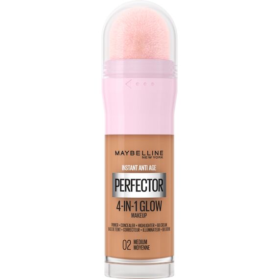 Maybelline New York 4-in-1 Make Up mit Concealer, BB Cream, Highlighter und Primer, für einen perfekten Teint, Foundation mit leichter Deckkraft, Instant Perfector Glow, Nr. 02 Medium, 20 ml
