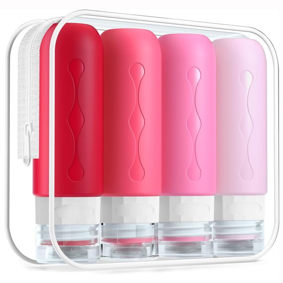 Gemice Silikon Reiseflaschen 90ml Set, 4 Stück auslaufsichere Reise Container und Reise Toilettenartikel Set, FDA zugelassene nachfüllbare Flüssigkeitsbehälter für Shampoo Creme Spülung Körperpflege