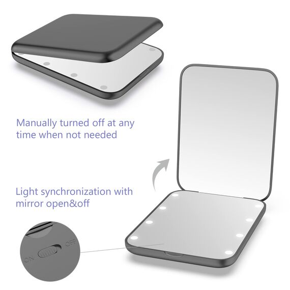 WOBSION LED Spiegel mit 1X / 3X Vergrößerung,Kleiner Reisespiegel mit Licht für Beleuchtung,Batteriebetrieben Taschenspiegel für Reise und Makeup,Tragbarer Handspiegel als Geschenk,Schwarz