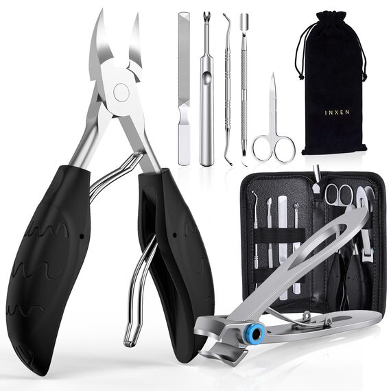 INXEN Profi Nagelschere Set, Edelstahl Maniküre Nagelknipser, Scharf Nagelknipser für Dicke & Eingewachsene Fußnägel,7 Pcs Pediküre Set Nagelschere Fussnägel mit Nagelzange & Nagelhautschere,Schwarz