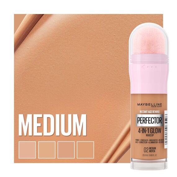 Maybelline New York 4-in-1 Make Up mit Concealer, BB Cream, Highlighter und Primer, für einen perfekten Teint, Foundation mit leichter Deckkraft, Instant Perfector Glow, Nr. 02 Medium, 20 ml
