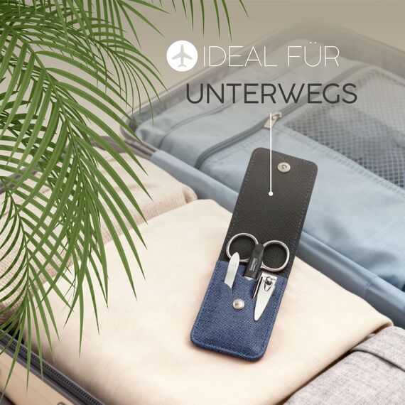 marQus Maniküre Set 4 teilig praktisch und kompakt- mit Feile aus Solingen, das praktische Nagelpflegeset für alle Fälle und Taschen, Reise Nageletui Farbe: Jeans