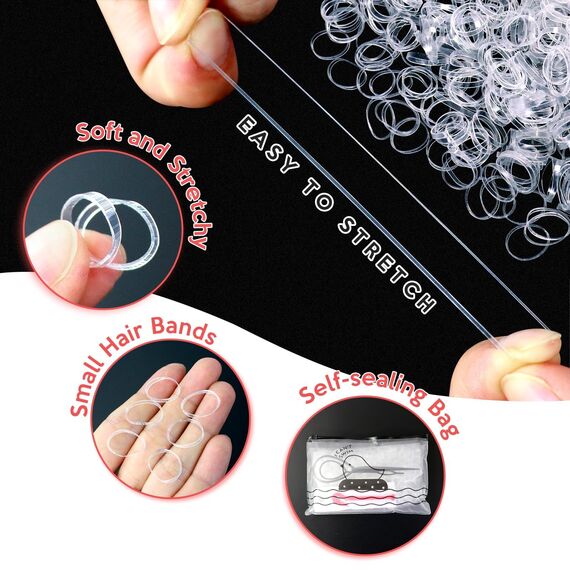 Hanyousheng 1000 Stück Mini Haargummis, Haargummi Klein, Durchsichtige Haargummis, Mit 1 Stück Haarbänder Cutter Entferner+2 Flechthilfe Haare