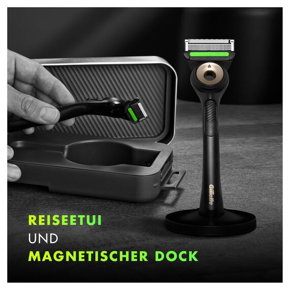Gillette Labs Nassrasierer Herren, Rasierer mit Reinigungs-Element + Reise-Etui zur Aufbewahrung für unterwegs + 2 Rasierklingen, Premium-Magnetdock