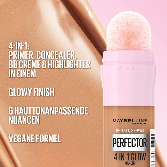 Maybelline New York 4-in-1 Make Up mit Concealer, BB Cream, Highlighter und Primer, für einen perfekten Teint, Foundation mit leichter Deckkraft, Instant Perfector Glow, Nr. 02 Medium, 20 ml