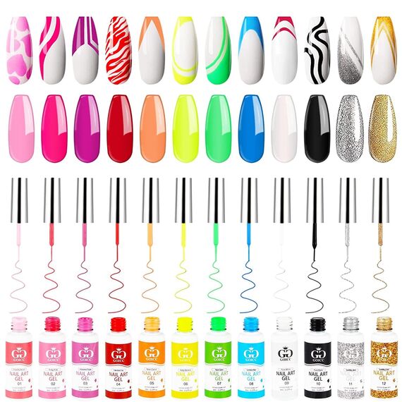 Gel Liner Nail Polish Pen 12 Farben Nagellack, Nageldesign, Farbgel für Gelnägel Eingebauter Dünner Nail Art Pinsel UV Gel Starterset Malerei Gelpolitur Set For Drawing Lines