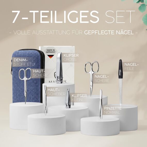 Maniküre Set Solingen - Vergleichssieger - Kunst Leder Etui handlich und weich - 7teiliges Nagelset für Damen und Herren marQus aus glanzvernickeltem poliertem Stahl