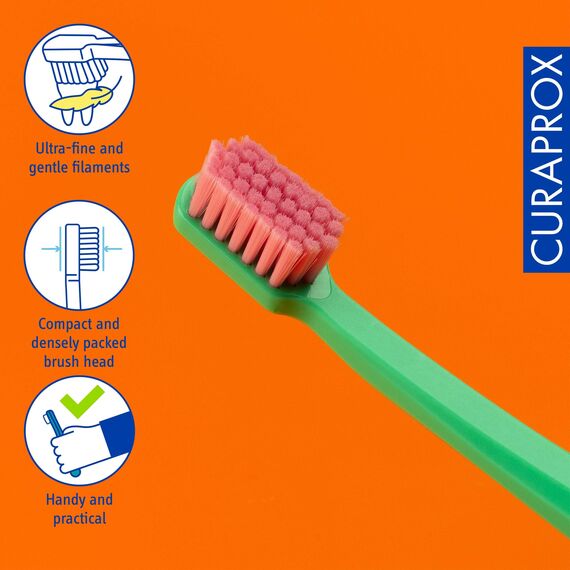 Curaprox CS 12460 Samtweiche Zahnbürste - Empfindliche Zahnfleischpflege/Ultraschonende Reinigung mit 12.460 Filamenten/Einzelpackung, Hellgrün-Pink/Hergestellt in der Schweiz