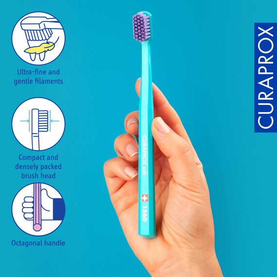 Curaprox CS 1560 Weiche Zahnbürste - Mundpflege für Erwachsene/Sanfter Start für festere Putzpräferenz/Einzelpackung, Türkis-Violett/Hergestellt in der Schweiz