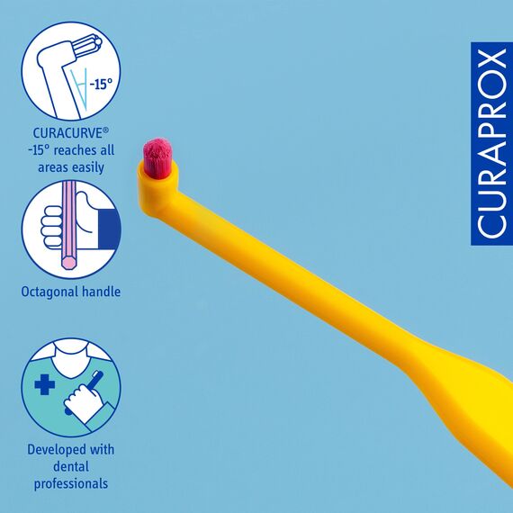 Curaprox Einbüschelzahnbürste - Präzise Zahnfleischreinigung/Schonende Pflege für Zahnspangen und Implantate/Weiche Borsten, Einzelpackung/Gelb/Designed in der Schweiz
