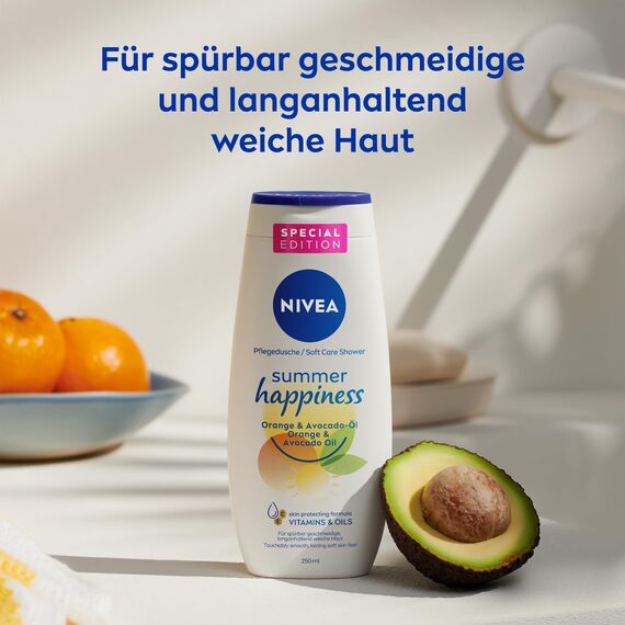 NIVEA Summer Happiness Orange Pflegedusche (250 ml), pH-hautneutrales Duschgel mit natürlichem Avocado-Öl, feuchtigkeitsspendende Cremedusche mit frischem Orangen-Duft