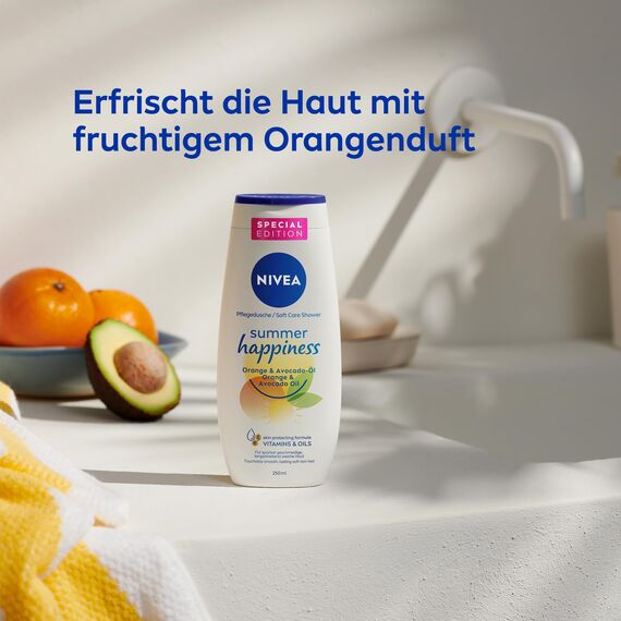 NIVEA Summer Happiness Orange Pflegedusche (250 ml), pH-hautneutrales Duschgel mit natürlichem Avocado-Öl, feuchtigkeitsspendende Cremedusche mit frischem Orangen-Duft