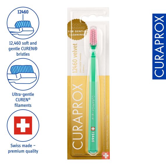 Curaprox CS 12460 Samtweiche Zahnbürste - Empfindliche Zahnfleischpflege/Ultraschonende Reinigung mit 12.460 Filamenten/Einzelpackung, Hellgrün-Pink/Hergestellt in der Schweiz