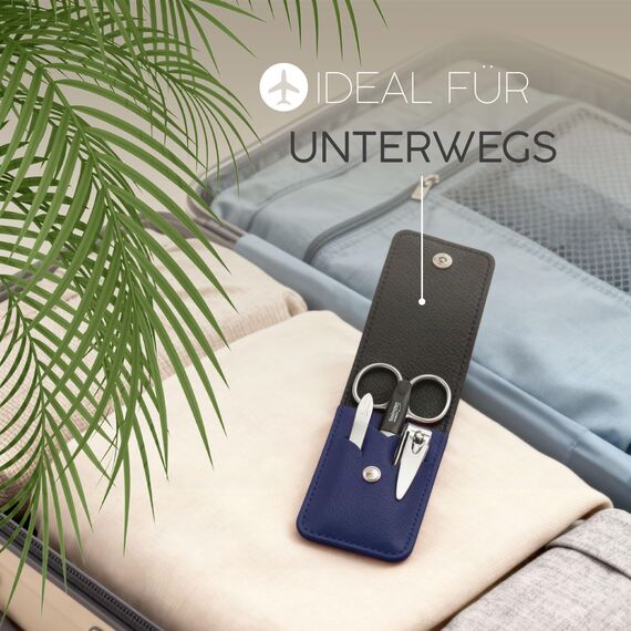 marQus Maniküre Set 4 teilig praktisch und kompakt- mit Feile aus Solingen, das praktische Nagelpflegeset für alle Fälle und Taschen, Reise Nageletui Farbe: Blau