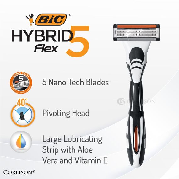 BIC Hybrid 5 Flex Rasierer Herren, Nassrasierer mit 4 Wechselklingen mit je 5 Klingen, mit Aloe Vera & Vitamin E, mit Präzisionstrimmer