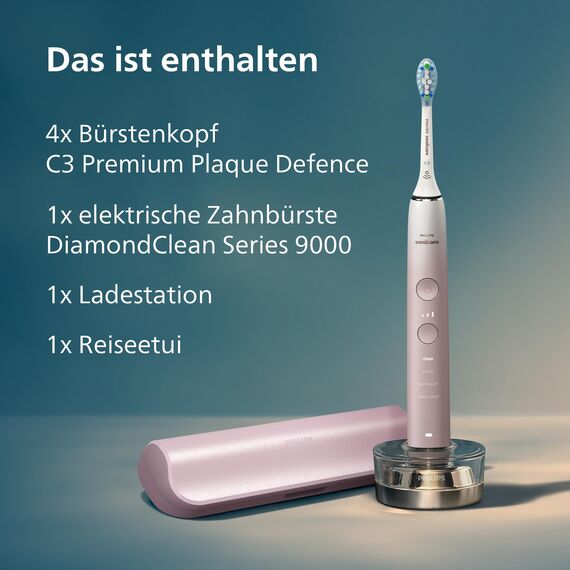 Philips Sonicare DiamondClean Elektrische Zahnbürste, 9000er Serie, Sonderedition – Schallzahnbürste, sauberere Zähne, 4x C3 Premium Plaque Defense-Bürstenköpfen, pink (Modell HX9911/79)